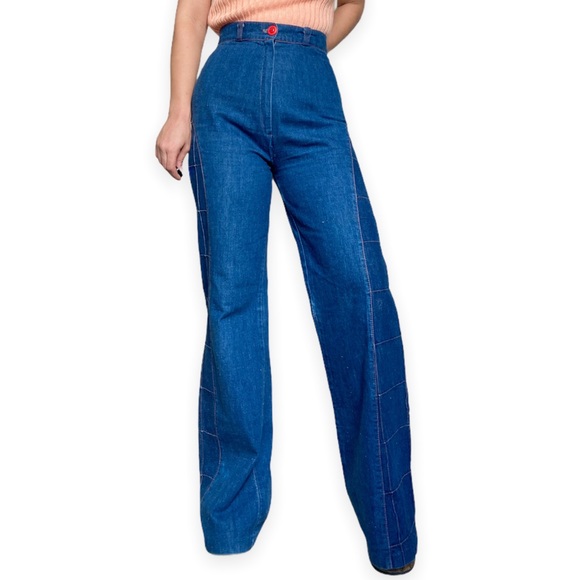 Vintage 70s Patchwork Bell Bottom Jeans Dark Wash High Waisted - Picture 4 of 5